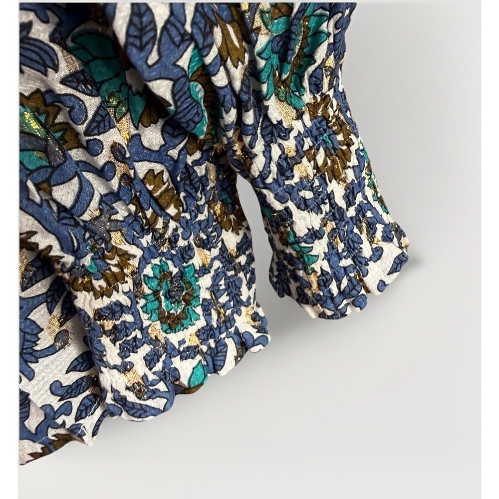 Oliphant Floral Print Smocked Neck Long Sleeve Tunic in Blue, Green, Gold - Picture 11 of 11